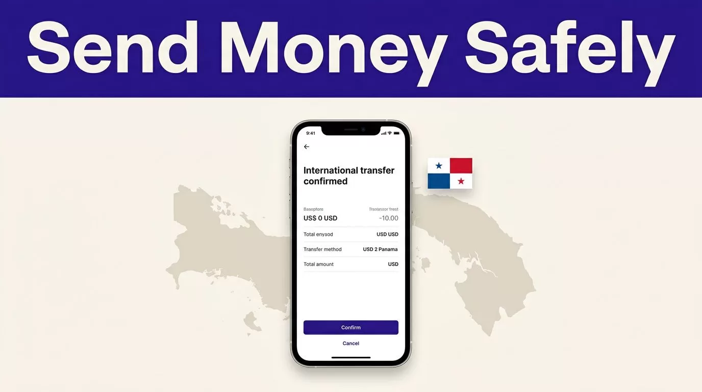 Smartphone showing a money transfer confirmation beside a Panama map and flag.