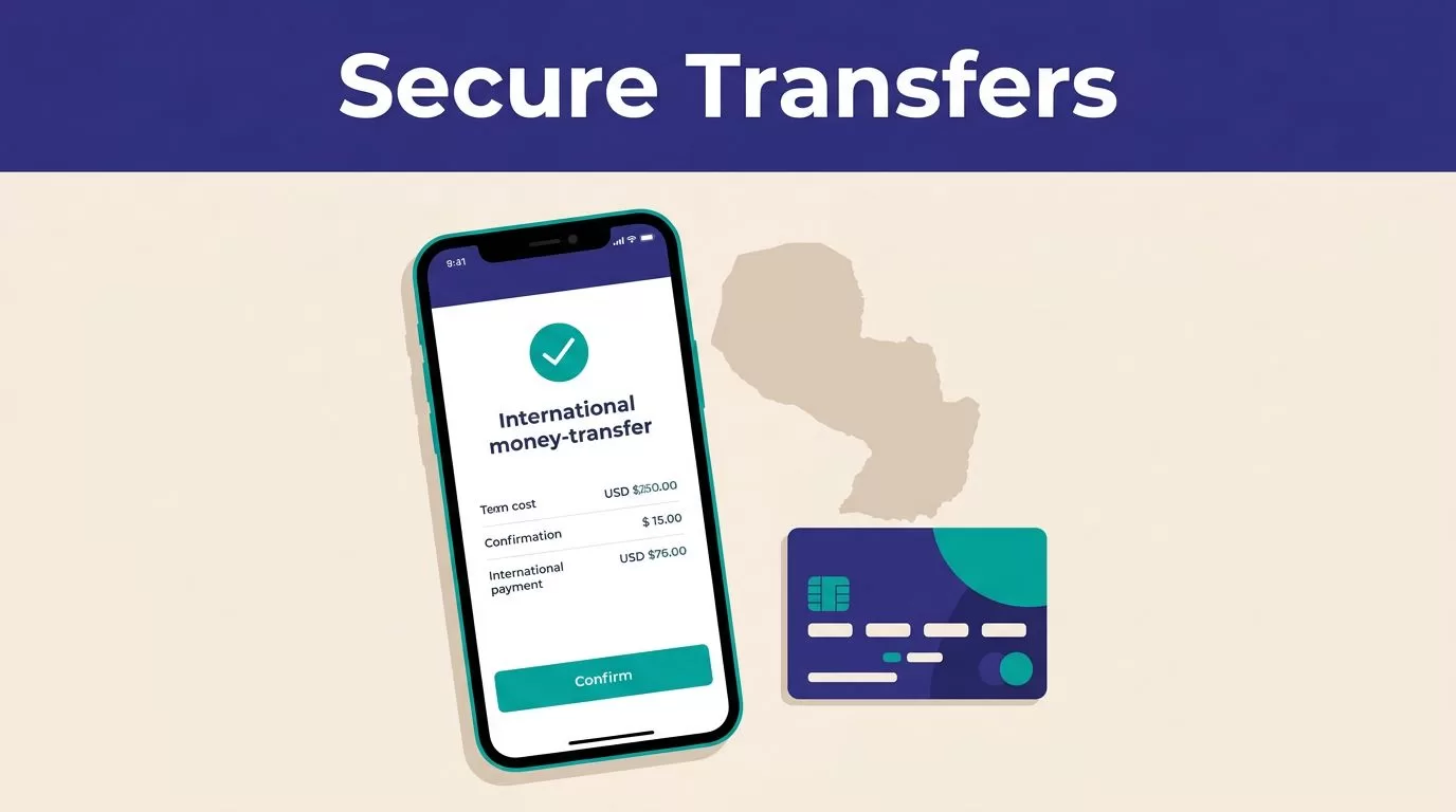 Smartphone showing a transfer confirmation beside a Paraguay map and payment card.