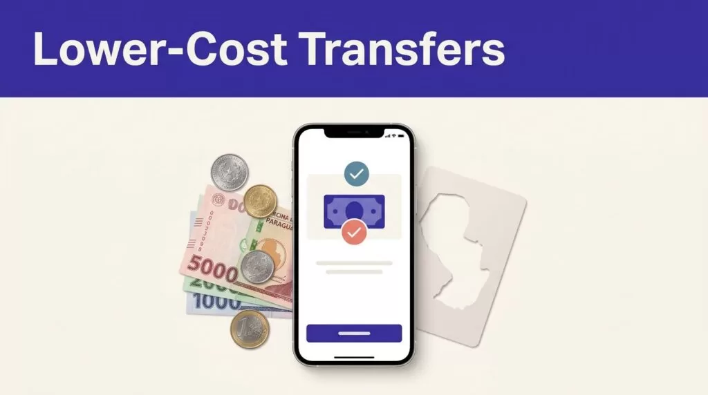 A smartphone, Paraguayan money, and a Paraguay map card on a light background.