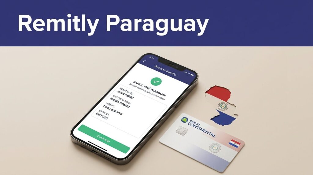 A smartphone showing a bank transfer beside a Paraguayan card and map design.