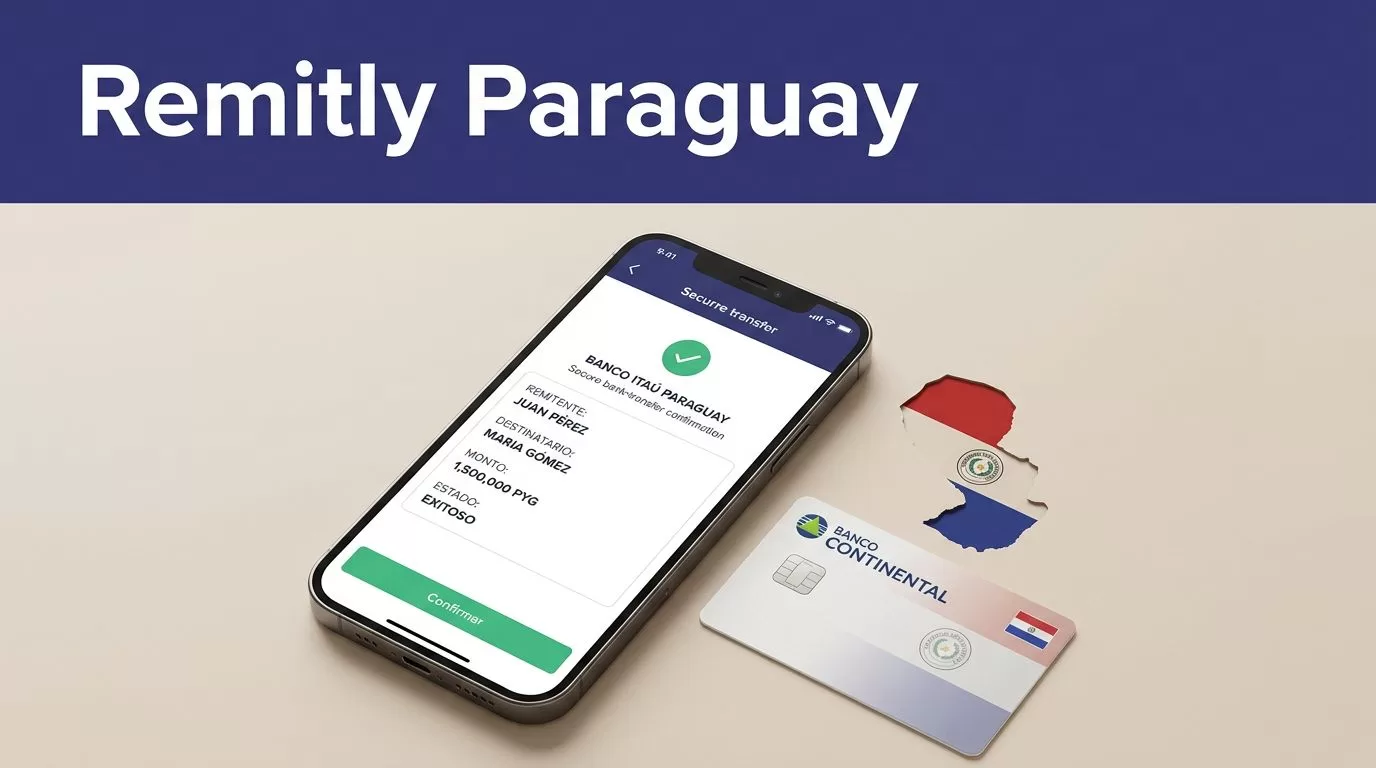 A smartphone showing a bank transfer beside a Paraguayan card and map design.