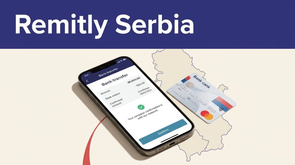 Smartphone, Serbian bank card, and Serbia map illustrate a money transfer.