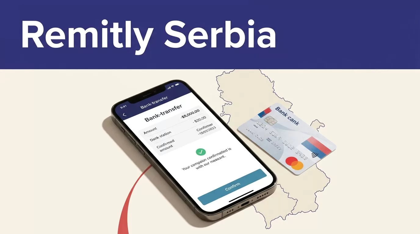Smartphone, Serbian bank card, and Serbia map illustrate a money transfer.