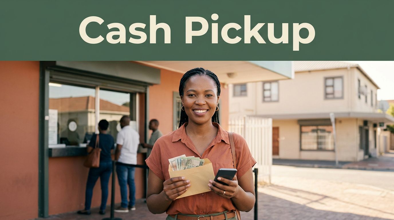 Smiling woman holding cash and a smartphone outside a South African pickup counter.