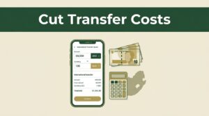 A phone with a transfer quote beside rand notes, a calculator, and a South Africa map.