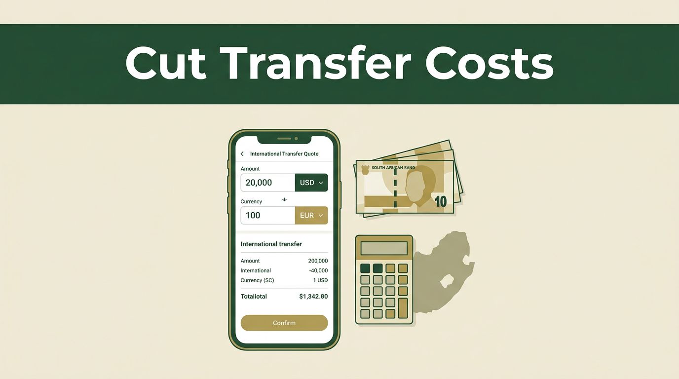 A phone with a transfer quote beside rand notes, a calculator, and a South Africa map.