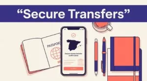 A smartphone showing a secure money transfer beside a passport and Spain map.