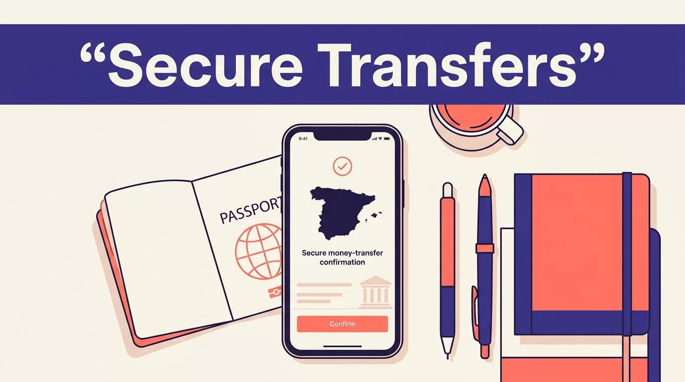 A smartphone showing a secure money transfer beside a passport and Spain map.