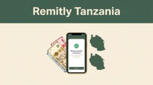 A smartphone, Tanzanian shilling notes, and a Tanzania map appear beneath a green Remitly Tanzania header.