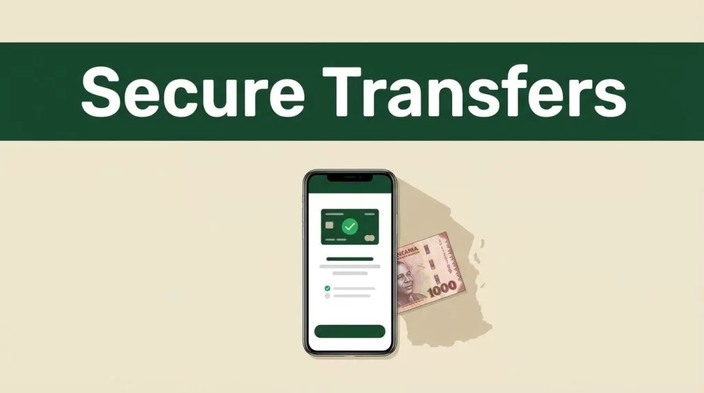 A smartphone showing a transfer confirmation sits beside Tanzanian currency and a Tanzania map silhouette.