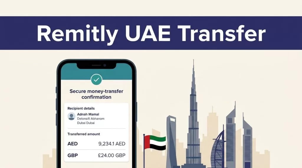 Smartphone showing a transfer confirmation beside the Dubai skyline and UAE flag.