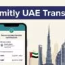 Smartphone showing a transfer confirmation beside the Dubai skyline and UAE flag.