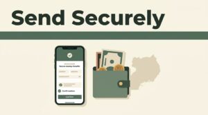 A smartphone with a transfer confirmation beside Ugandan currency and a Uganda map shape.