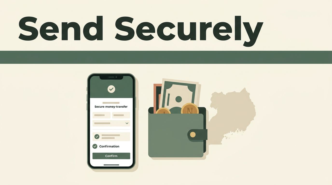 A smartphone with a transfer confirmation beside Ugandan currency and a Uganda map shape.