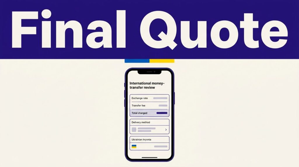Smartphone showing a money-transfer quote with Ukrainian hryvnia details.