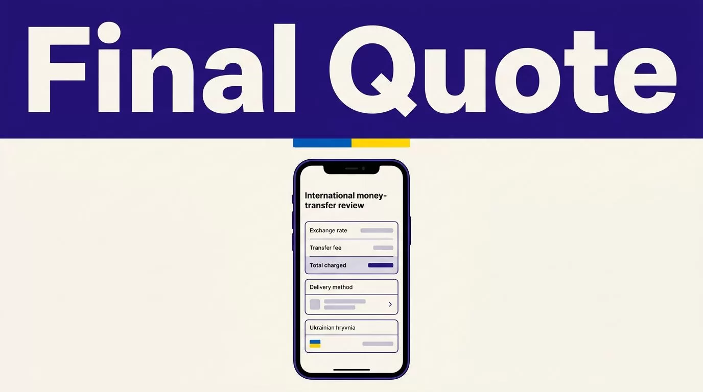 Smartphone showing a money-transfer quote with Ukrainian hryvnia details.
