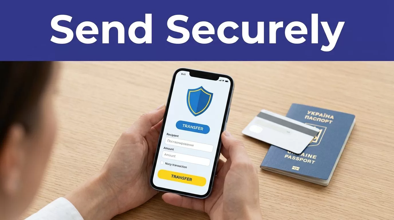 Smartphone showing a secure transfer screen beside a bank card and passport.
