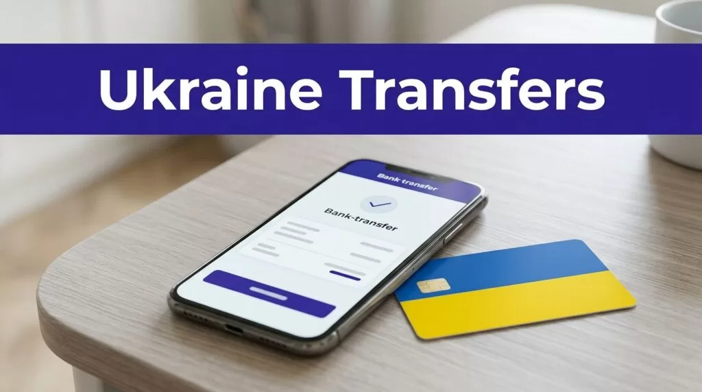 Smartphone showing a transfer confirmation beside a Ukrainian bank card on a desk.