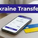Smartphone showing a transfer confirmation beside a Ukrainian bank card on a desk.