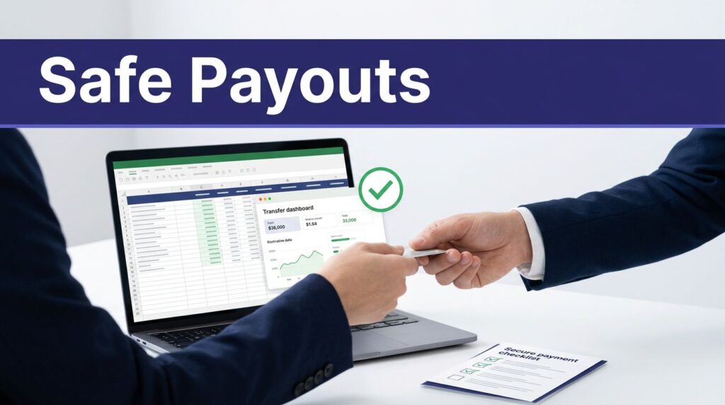 Laptop, payment checklist, and green approval check on a finance desk.