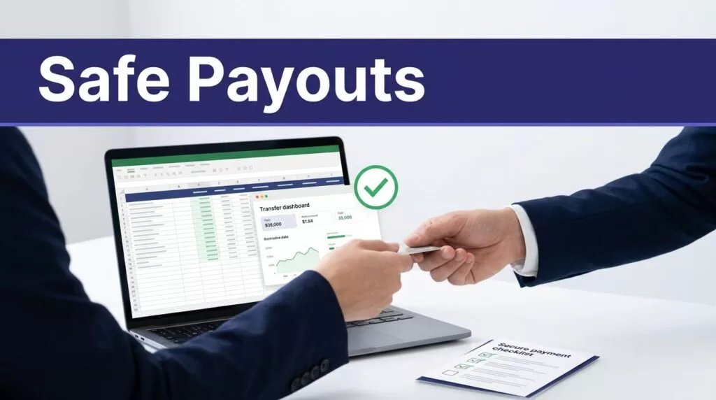 Laptop, payment checklist, and green approval check on a finance desk.