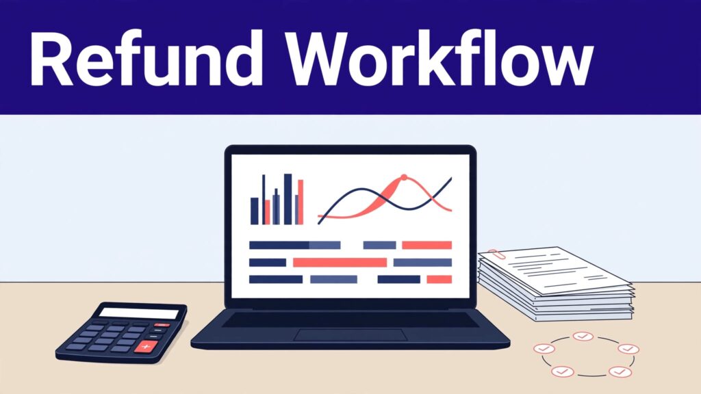 Finance desk with a refund dashboard, calculator, invoices, and review checklist.