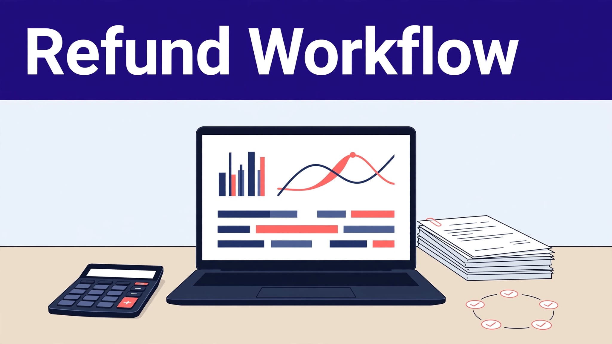 Finance desk with a refund dashboard, calculator, invoices, and review checklist.