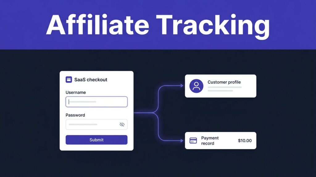 SaaS checkout card connected to a customer profile and payment record by a glowing referral path.