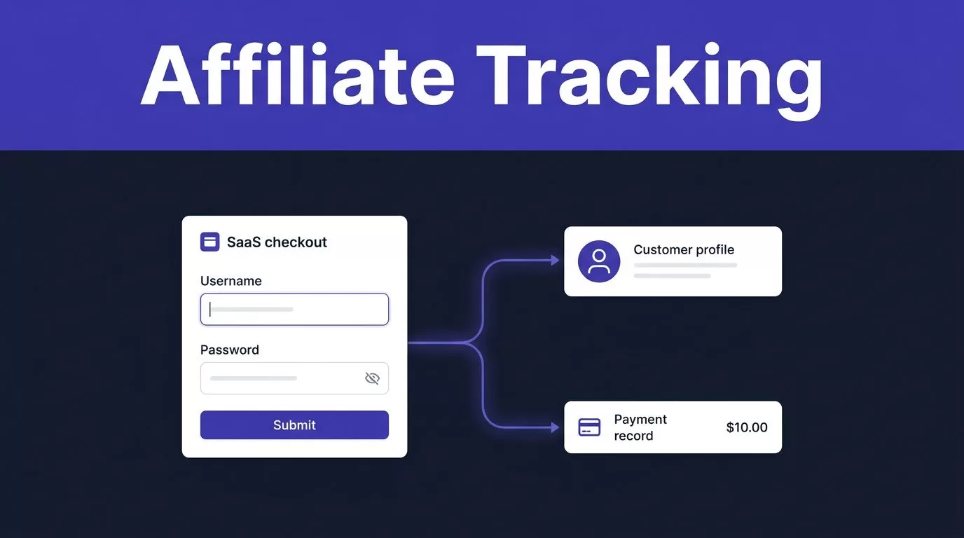SaaS checkout card connected to a customer profile and payment record by a glowing referral path.