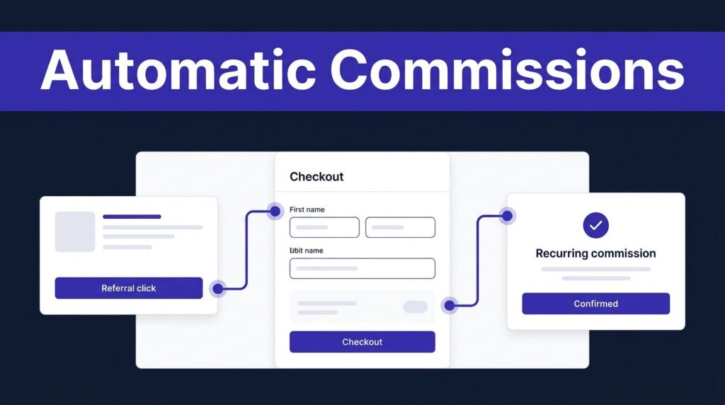 Dashboard showing a referral click flowing through checkout to recurring commission confirmation.