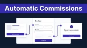 Dashboard showing a referral click flowing through checkout to recurring commission confirmation.