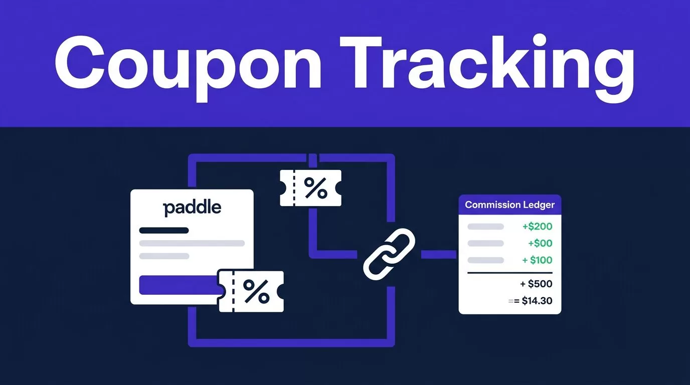Dashboard graphic linking a coupon, checkout card, affiliate link, and commission ledger.
