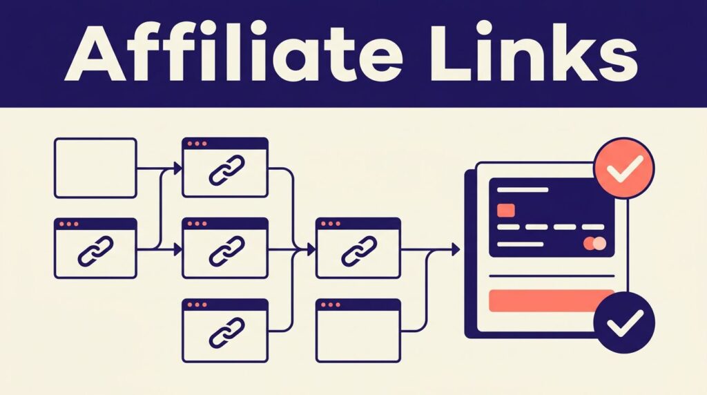 Connected link nodes lead to a checkout card with a payment confirmation symbol.