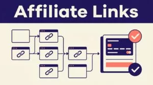 Connected link nodes lead to a checkout card with a payment confirmation symbol.