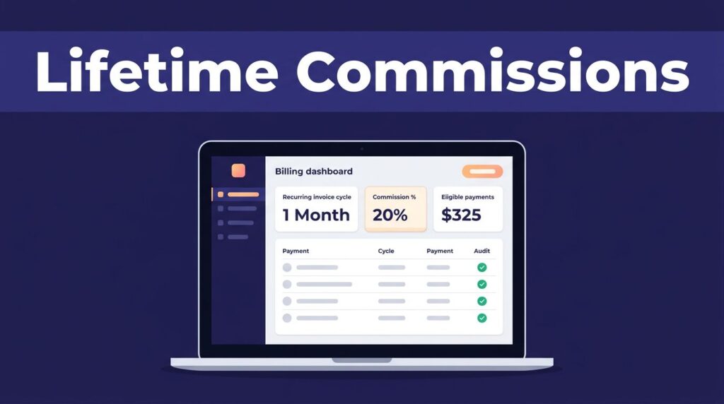 Laptop showing a billing dashboard with recurring payments and commission audit checks.