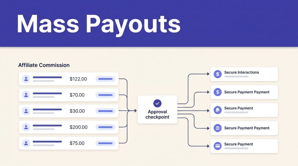 Finance dashboard showing affiliate commissions moving through approval to payment destinations.
