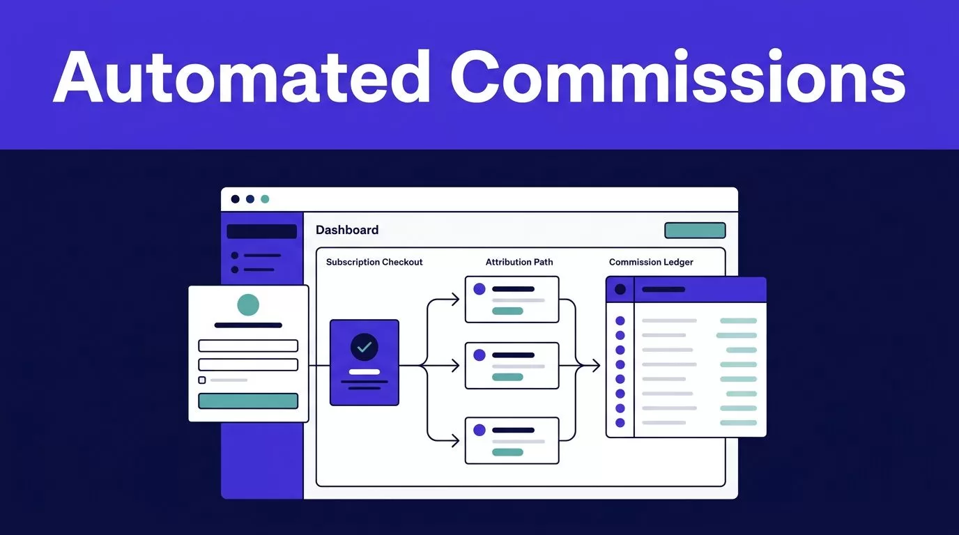 SaaS dashboard showing a checkout event flowing into a commission ledger.