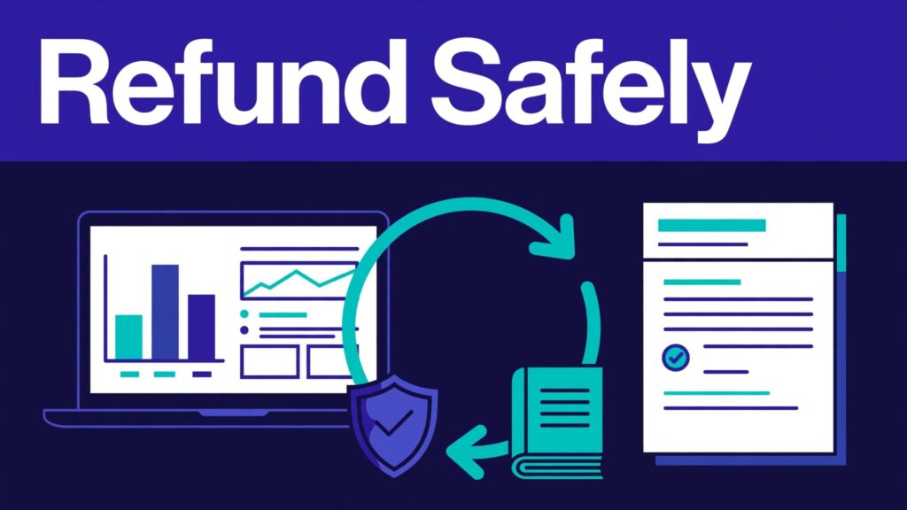 Laptop and payment record connected by a refund arrow, shield, and ledger.