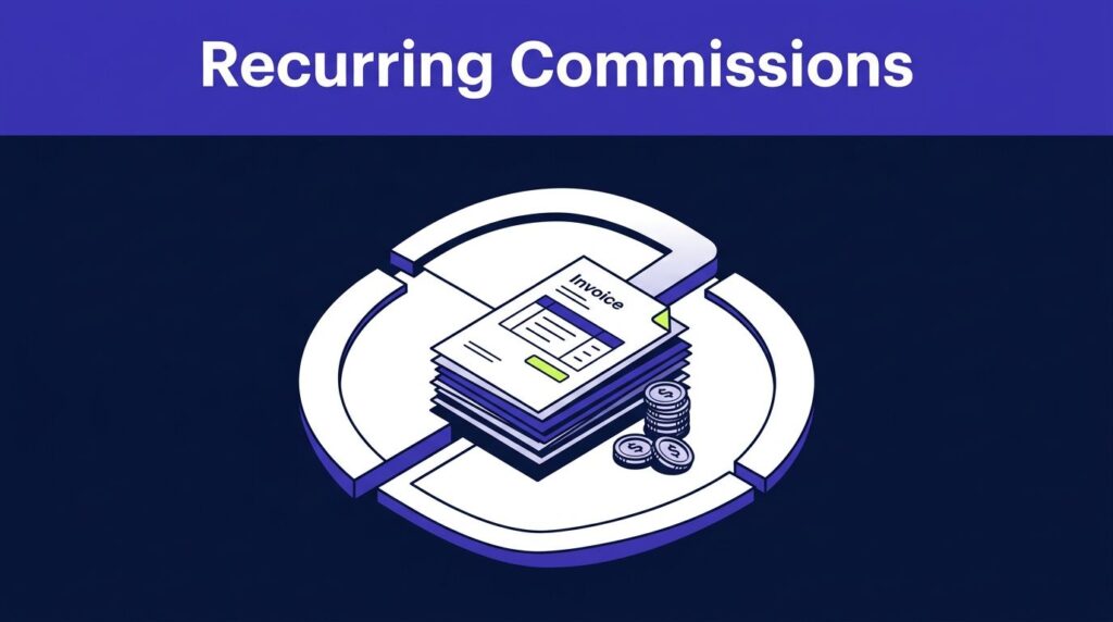 Dashboard showing paid invoices in a recurring payment loop with commission coins.