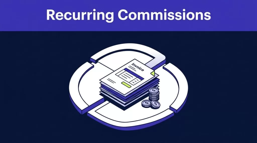 Dashboard showing paid invoices in a recurring payment loop with commission coins.