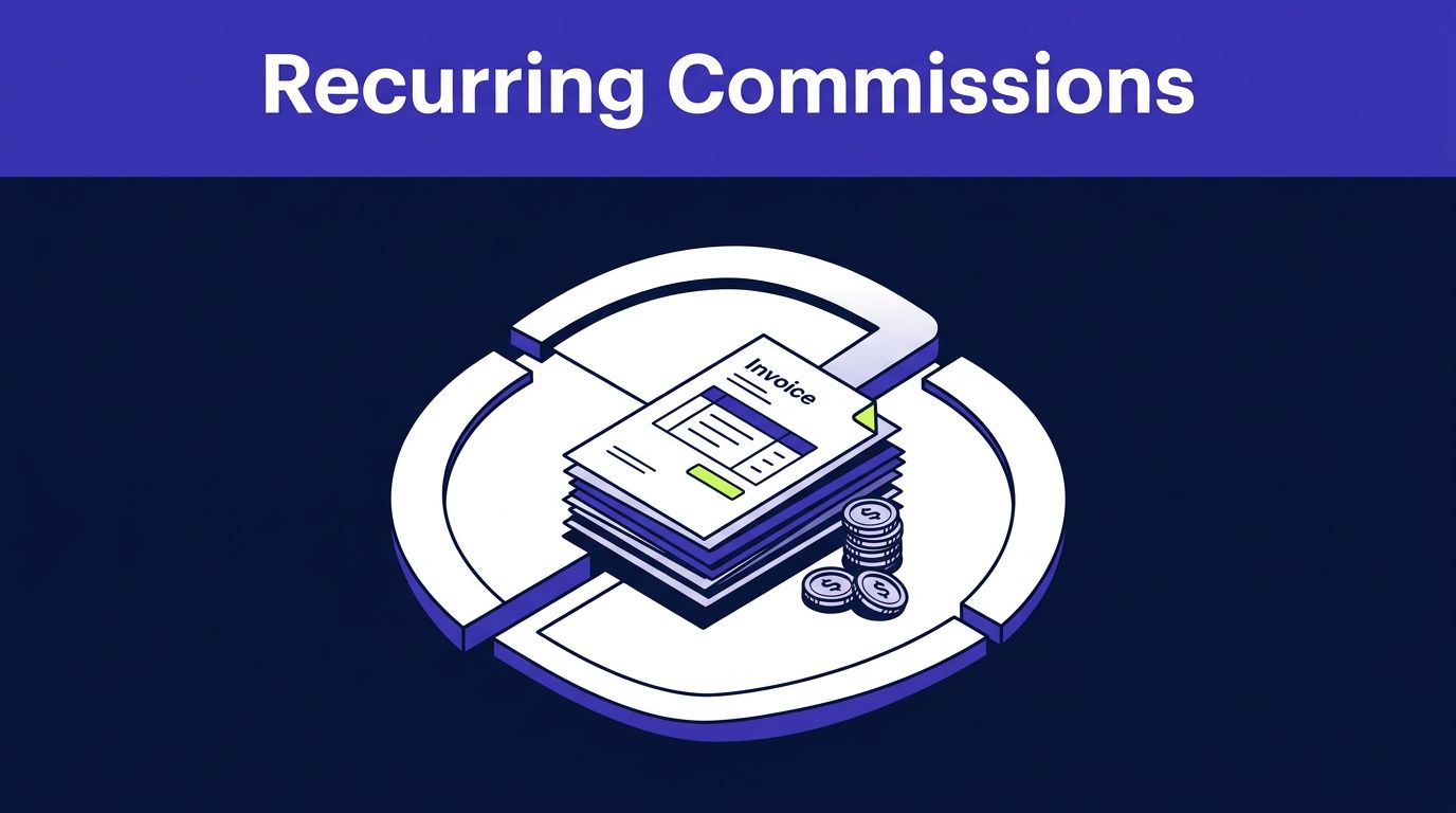 Dashboard showing paid invoices in a recurring payment loop with commission coins.