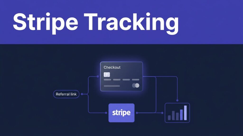 A glowing checkout card connects referral tracking, payment processing, and commission data.
