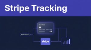 A glowing checkout card connects referral tracking, payment processing, and commission data.