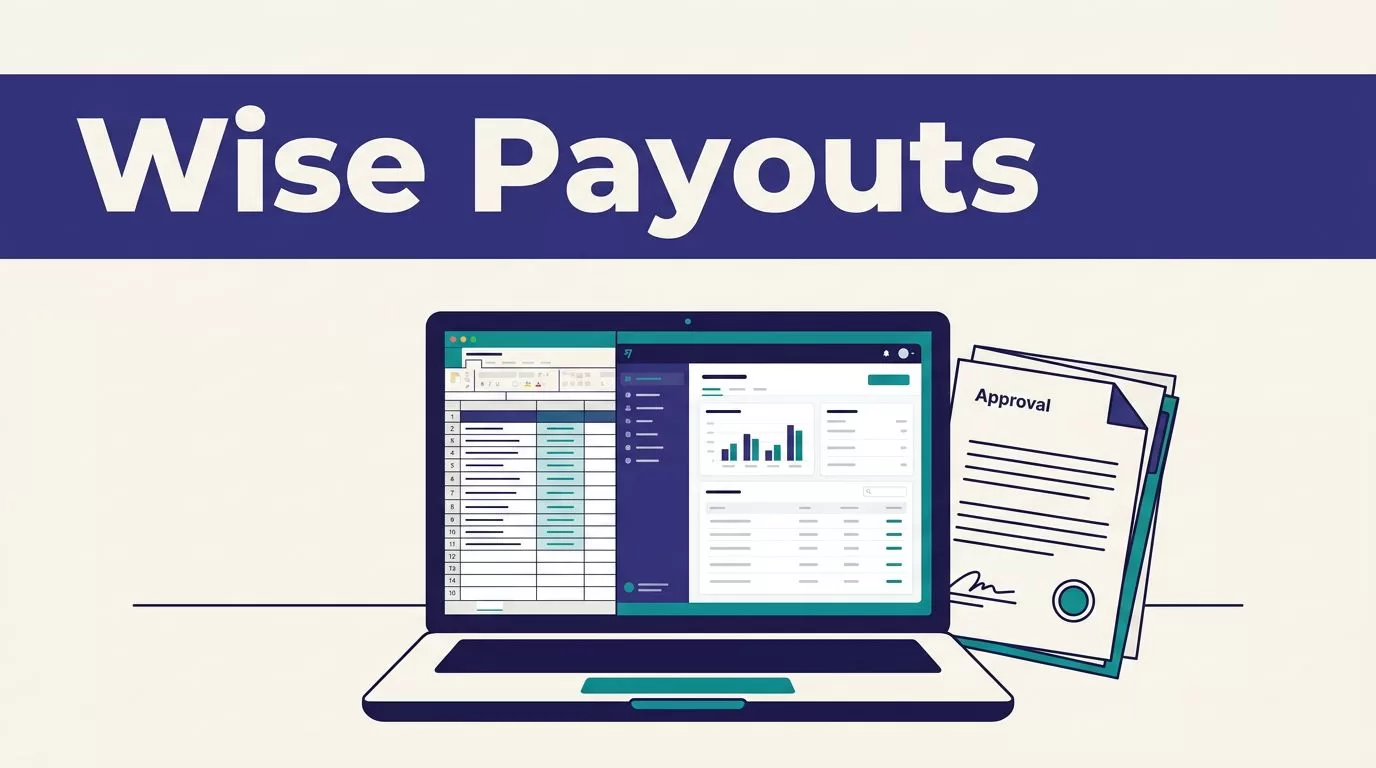 Laptop with a payout spreadsheet beside payment records and stacked approval papers.