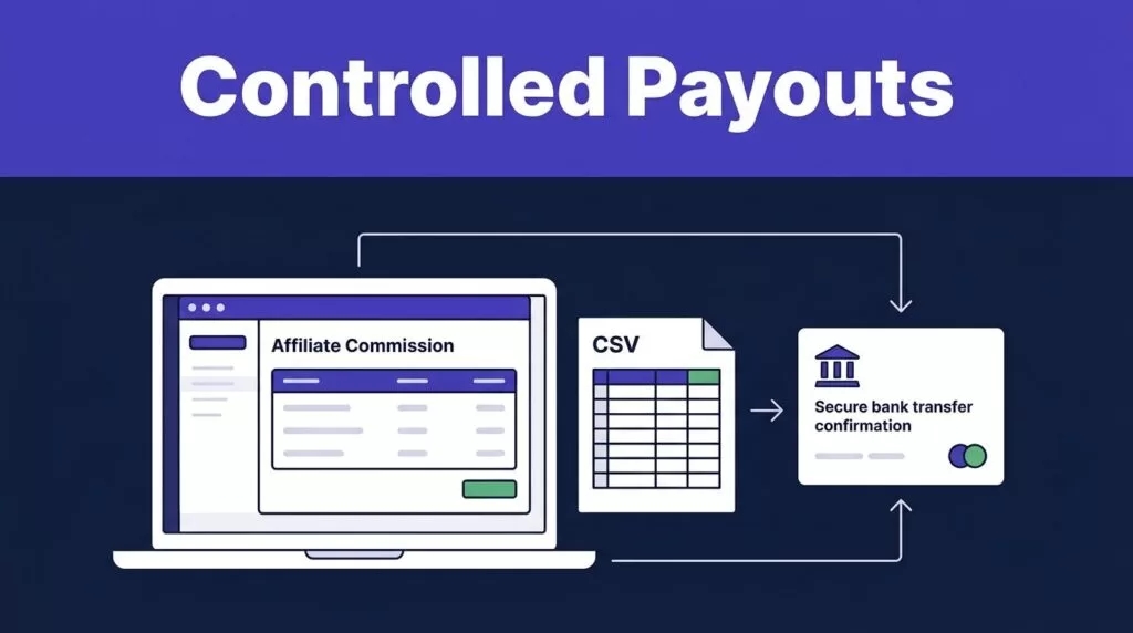 Laptop, CSV sheet, and bank transfer card connected in a payout workflow.