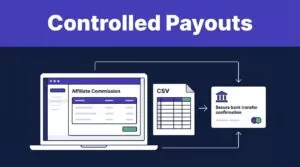 Laptop, CSV sheet, and bank transfer card connected in a payout workflow.
