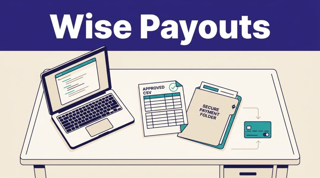 Laptop, payout sheet, payment folder, and arrows leading to a bank transfer card.
