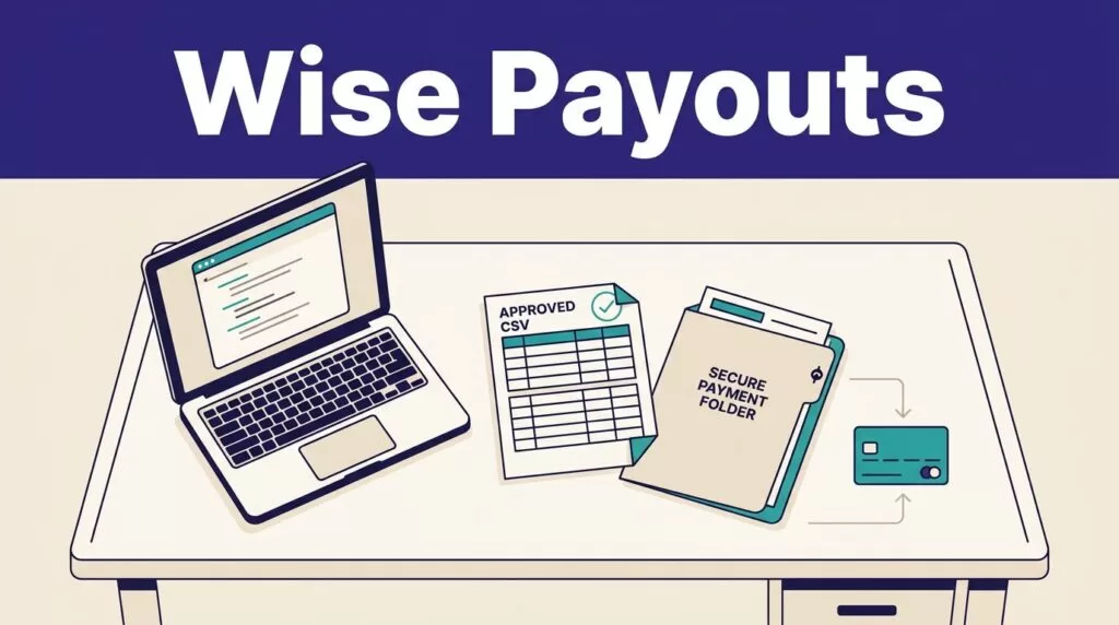 Laptop, payout sheet, payment folder, and arrows leading to a bank transfer card.