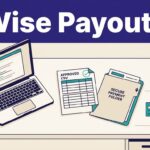 Laptop, payout sheet, payment folder, and arrows leading to a bank transfer card.