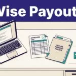 Laptop, payout sheet, payment folder, and arrows leading to a bank transfer card.